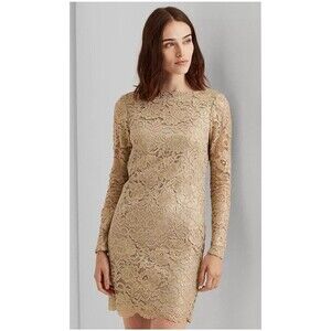 Lauren Ralph Lauren Shimmering Gold Metallic Scallop Hem Long Sleeve Dress 4